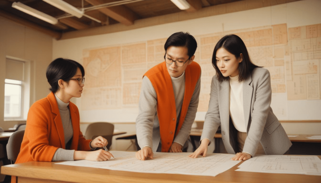 asian cloud architects sharping their skills working together discussing wearing casual clothes orange and grey themed